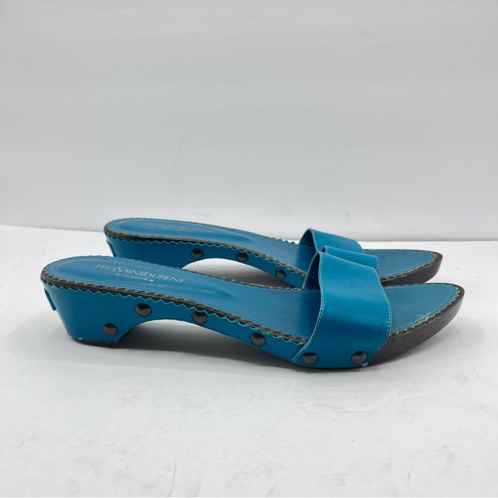 YSL Vintage Women’s 41 Yves Saint Laurent Blue/Green Leather Slide Sandals Italy - Picture 6 of 14